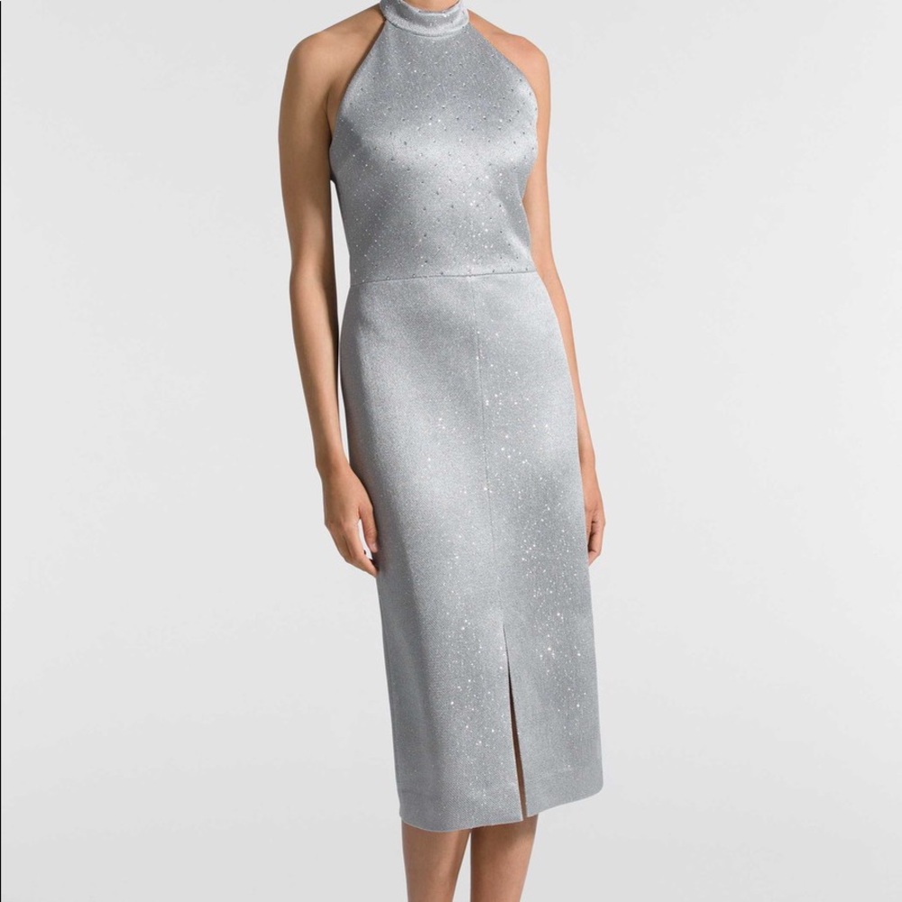 St. John Sequined Birdseye Halter Neck Dress